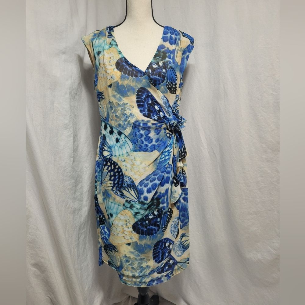 Melonie blue wrap front floral lined midi dress, size 8